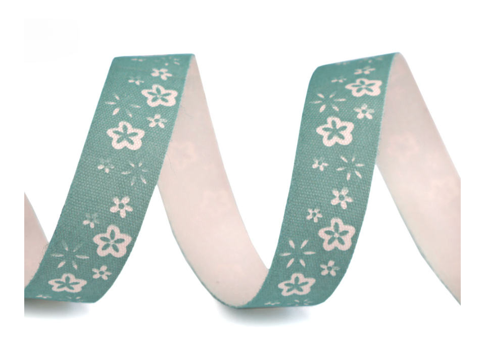 Baumwollband bedruckt 15mm - Blumen Türkis - Meterware