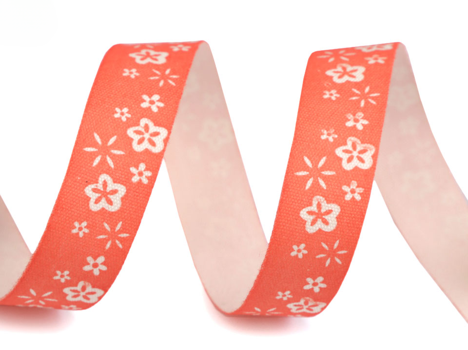 Baumwollband bedruckt 15mm - Blumen Koralle - Meterware