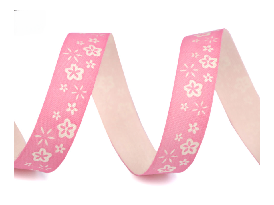 Baumwollband bedruckt 15mm - Blumen Rosa - Meterware