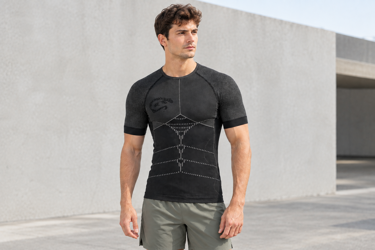 Männliches Model trägt ein schwarzes, körpernahes Funktionsshirt mit strukturierten Ärmeln und grafischen Details auf der Vorderseite. Es steht entspannt vor einer modernen hellen Betonarchitektur im Außenbereich und trägt dazu hellolivfarbene Sportshorts.