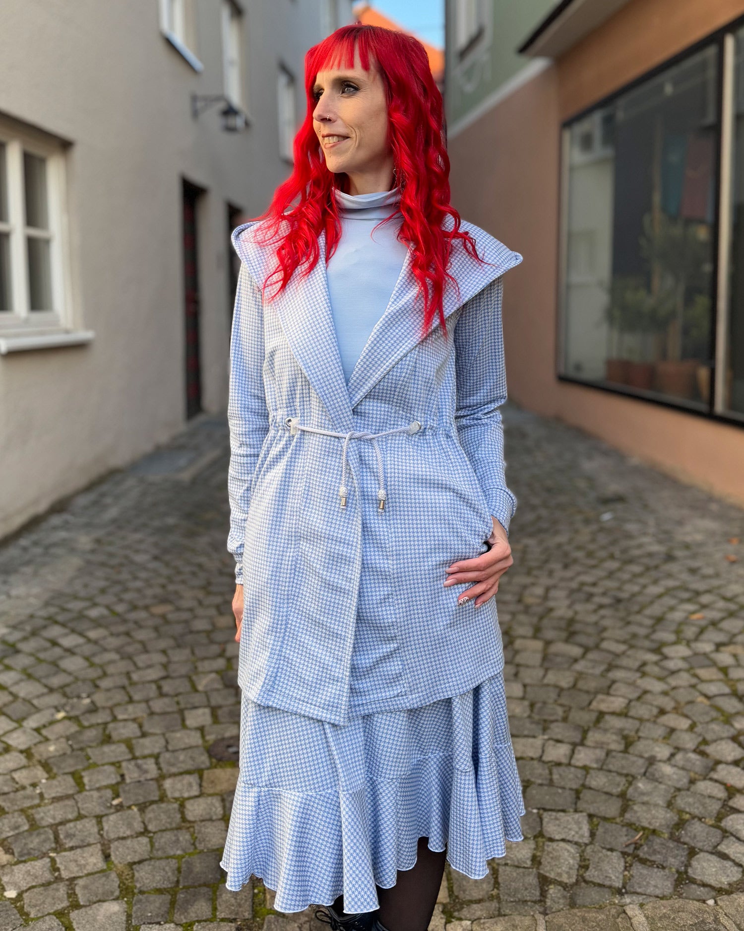 B-WARE - Jacquardjersey "Hahnentritt" Baumwolle Hellblau