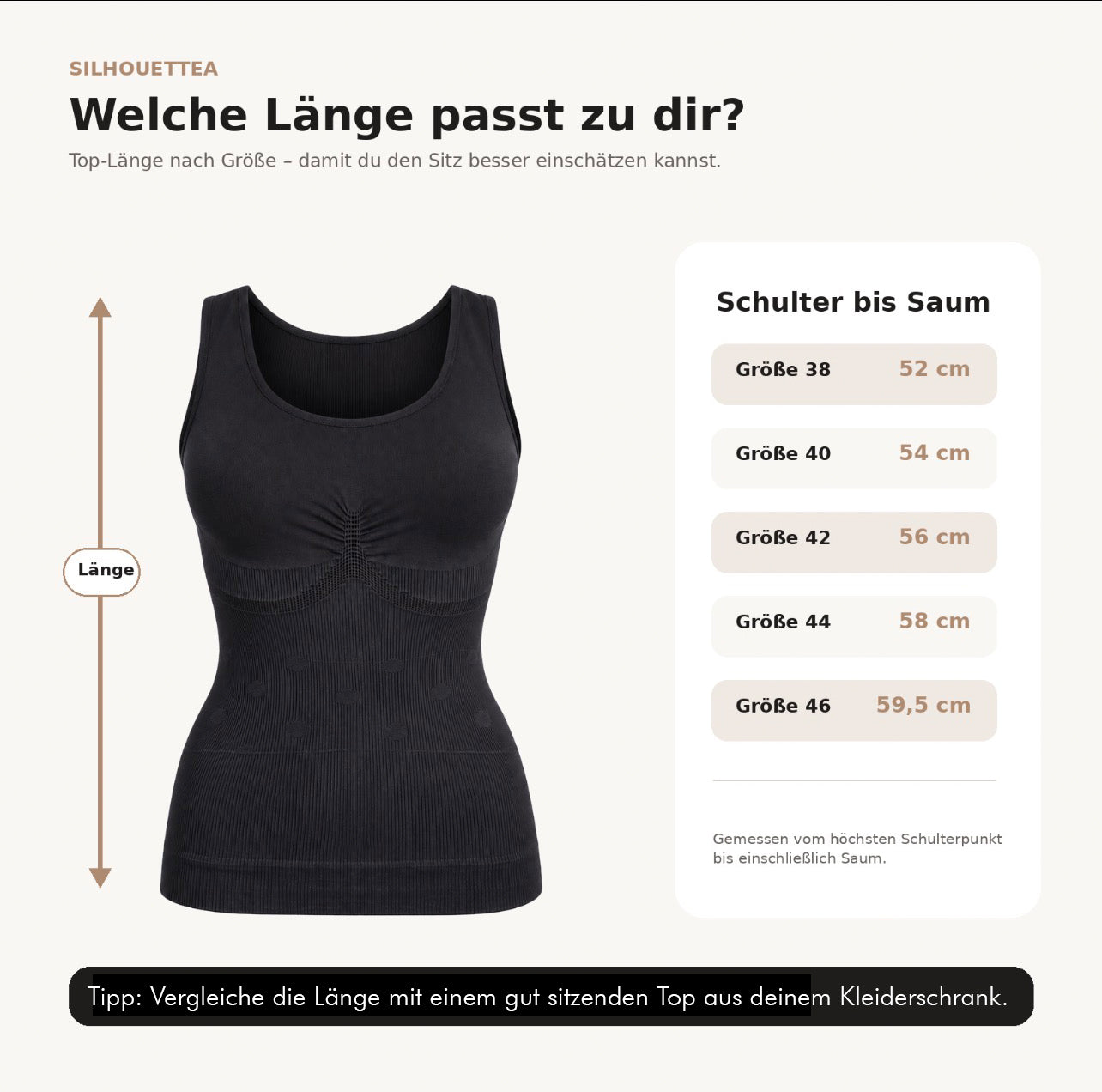 Schwarzes Silhouettea Shapewear-Top mit Maßangaben zur Länge von Schulter bis Saum für die Größen 38 bis 46